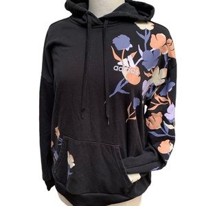 Adidas Black Floral Graphic Hoodie Women’s Size Medium Relaxed Fit Oversized